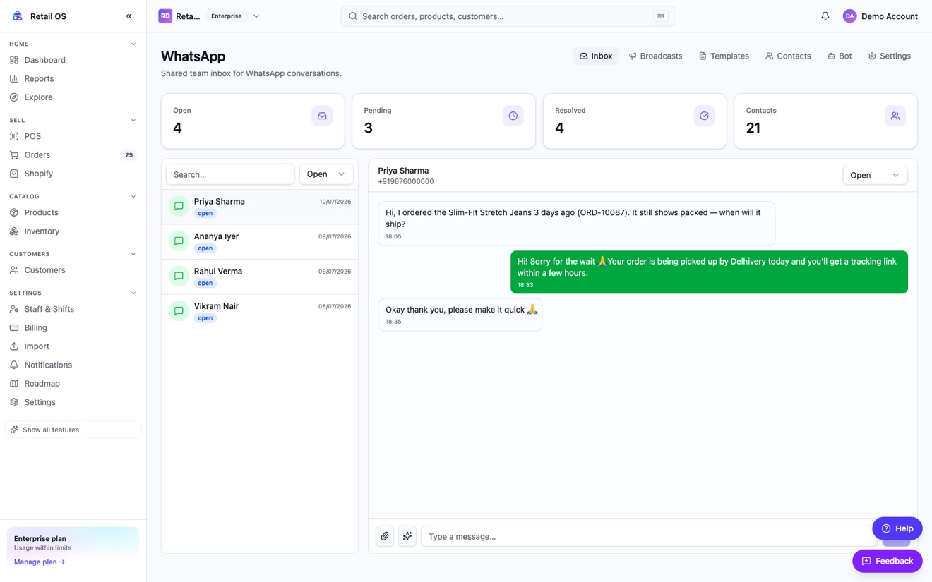 Every customer chat, one shared inbox — Retailos whatsapp